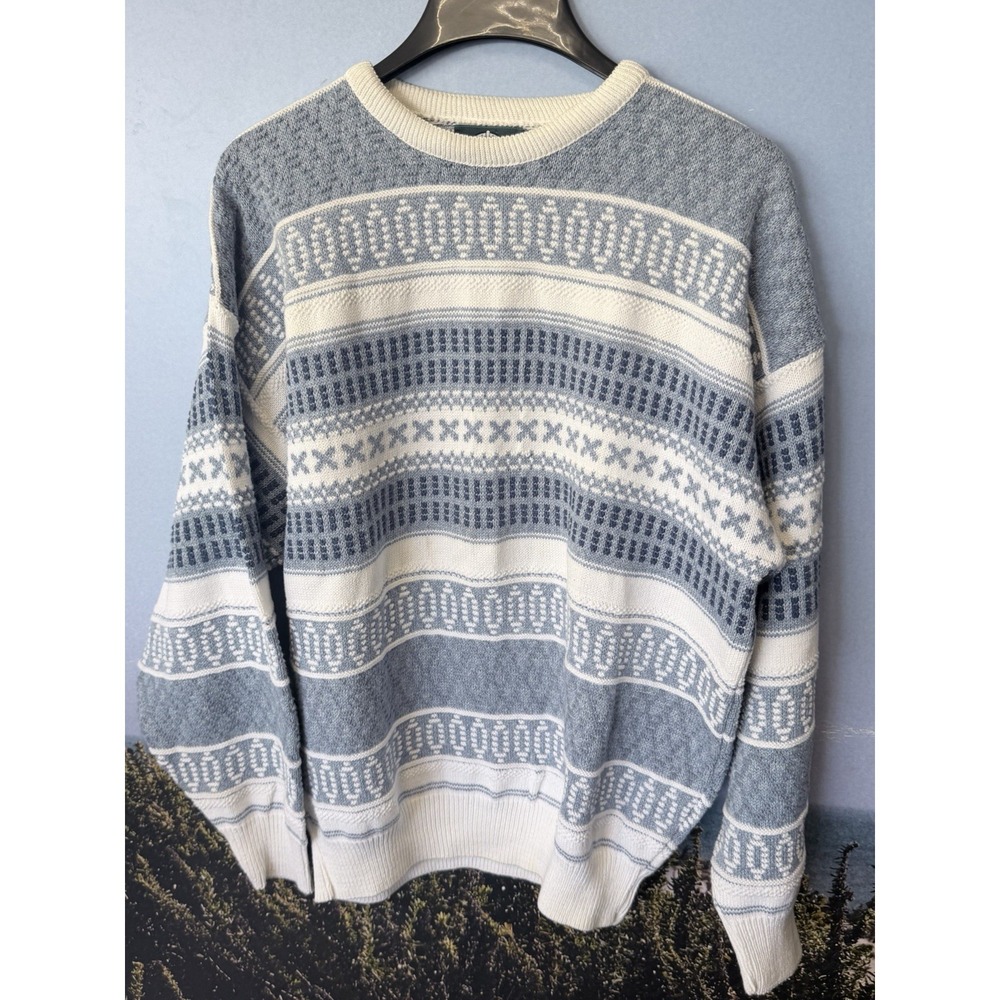 Vintage 90s Jantzen Men's XL Blue Cream Geometric Pattern Chunky Sweater USA